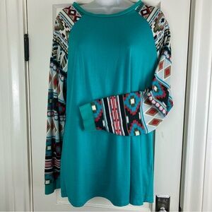 Teal Long Sleeve Ragland Shirt with Aztec Print